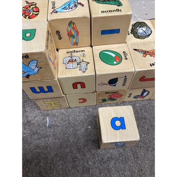 Lot 25 Wooden Toy Blocks Vintage Alphabet Letters Animals Object Wood Cube - Picture 8 of 11
